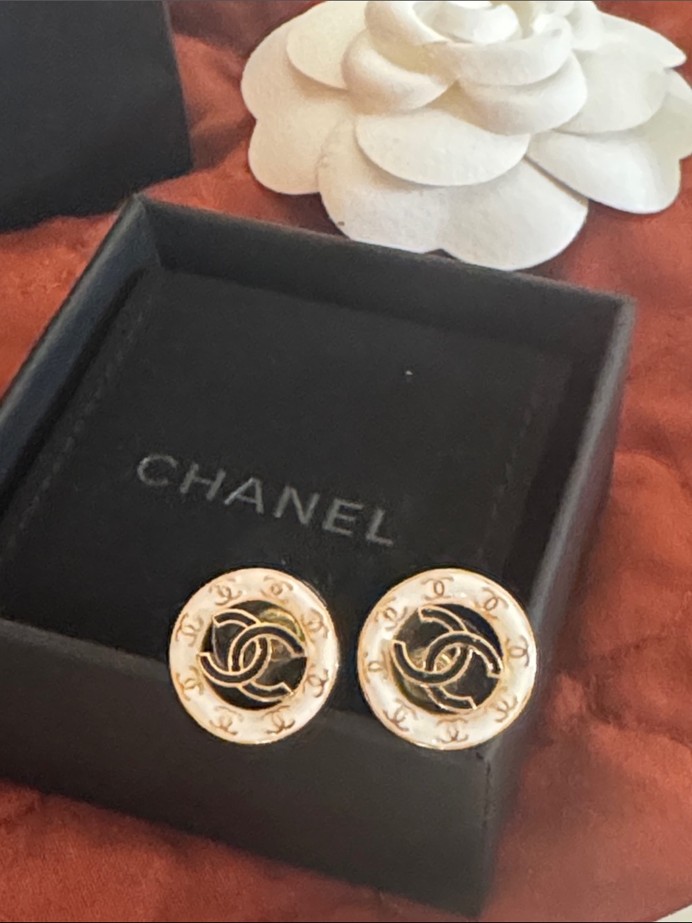 CHANEL Gold and White CC Round Clip Earrings